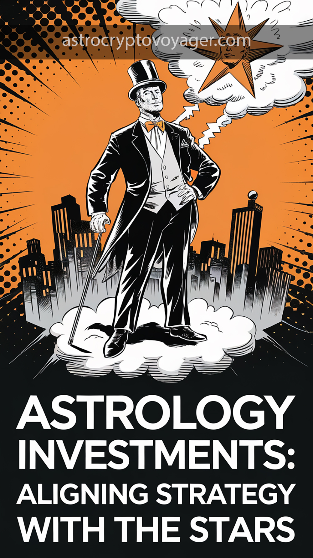 Comic book style, black and white with orange accents: Text on the image: "Astrology Investments Aligning Strategy with the Stars"